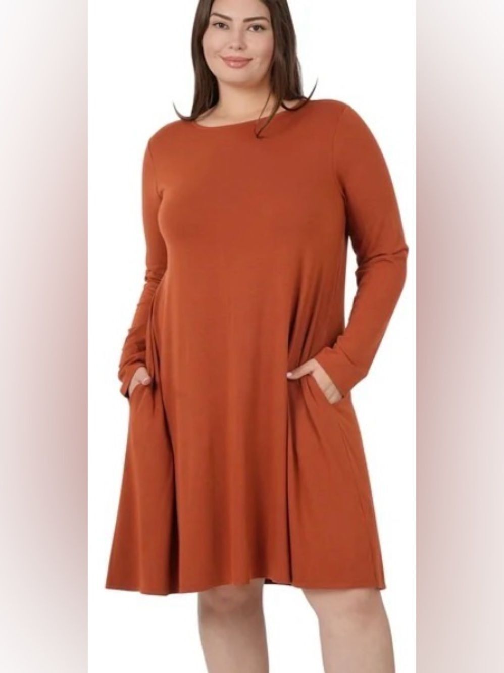 Zenana Premium Rust Long-Sleeve A-Line Dress with Pockets Size 2X